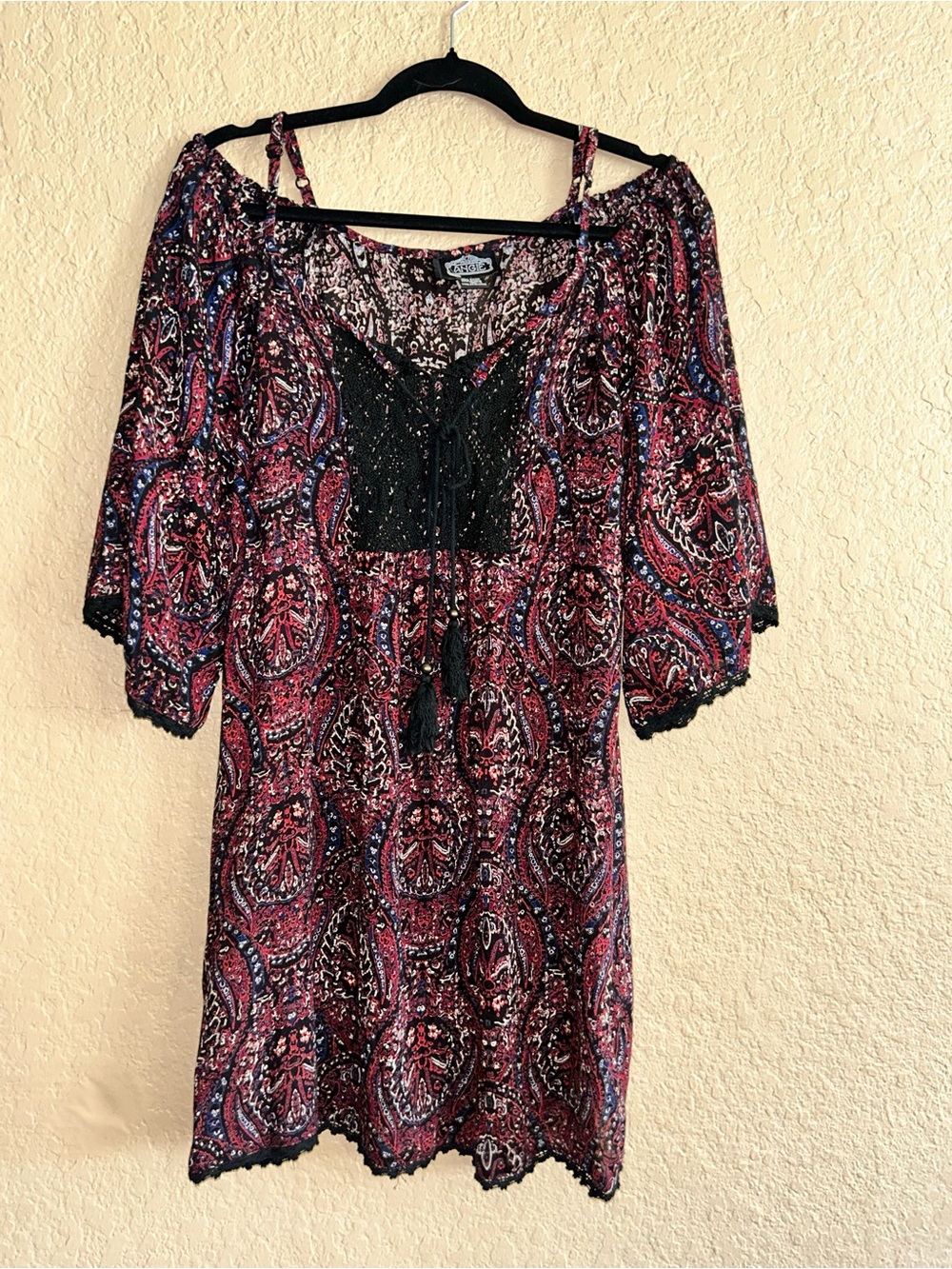 Angie Paisley Mini Dress with Black Lace Accents